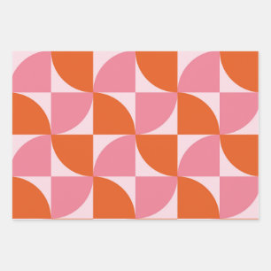 Mid century Abstract Orange and Pink Pattern Wrapping Paper Sheet