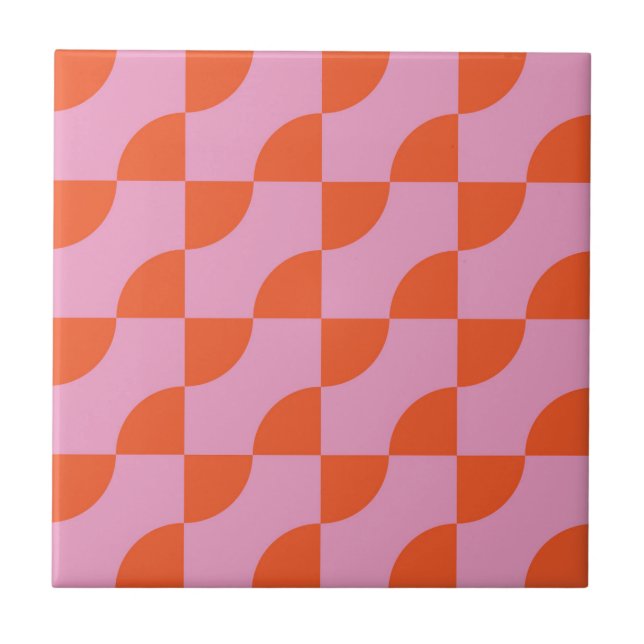 Mid Century Abstract Orange Semi Circles on Pink  Tile (Front)