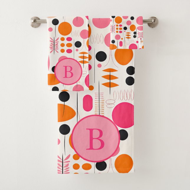 Mid Century Abstract Pattern Colourful Monogram Bath Towel Set (Insitu)