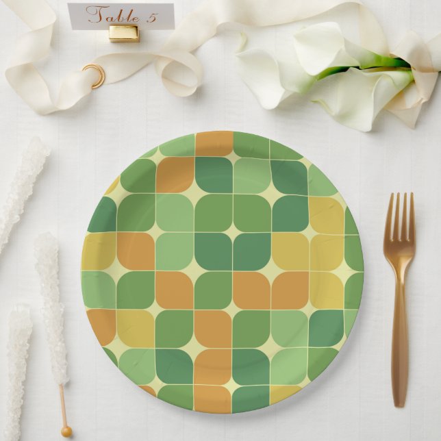 Mid Century Abstract Pattern green orange Yellow  Paper Plate (Wedding)