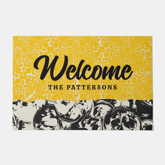 Mid Century Abstract Yellow Black Family Name Doormat (Front)