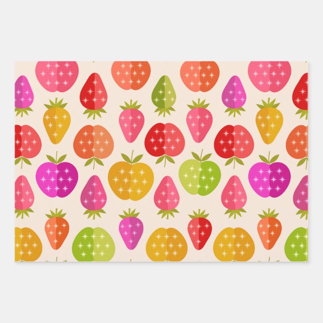 Mid century apples and strawberries colourful  wrapping paper sheet (Front)