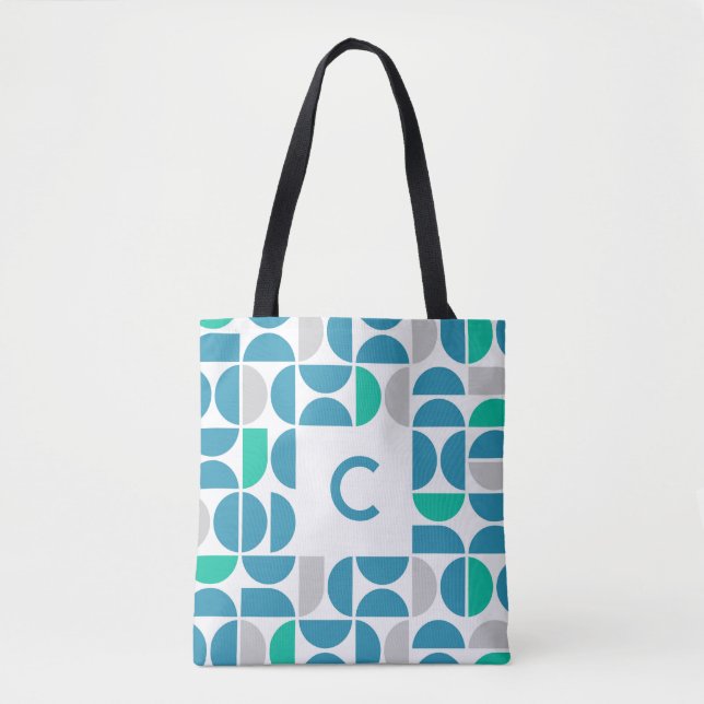 Mid Century Aquatic Tiles Monogrammed Tote Bag (Front)