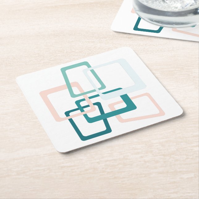 Mid Century Atomic Age Rectangles Teal, Peach Square Paper Coaster (Angled)