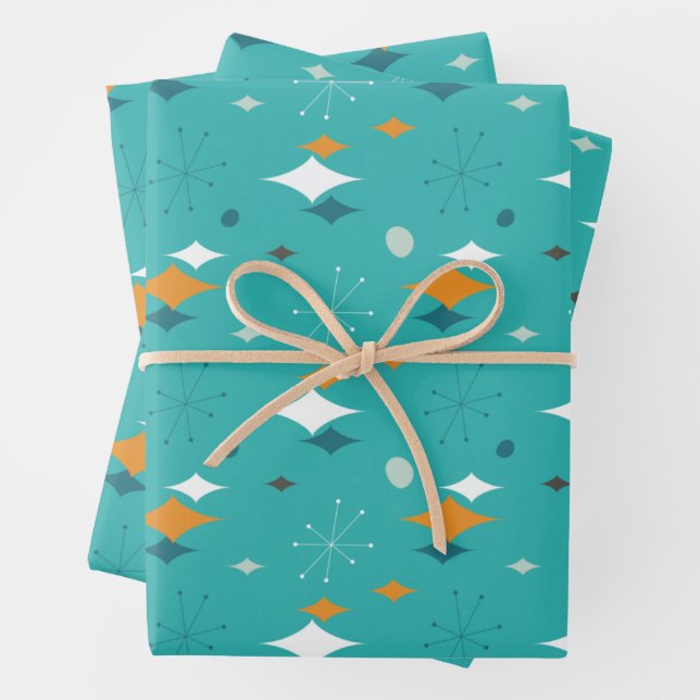 Mid-Century Atomic Birthday Party Wrapping Paper Sheet (In situ)