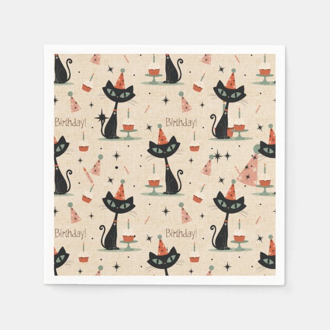     Mid-Century Atomic Cat Birthday Pattern  Napkin (Front)