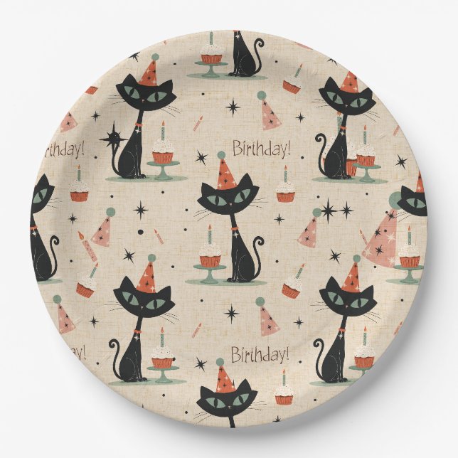     Mid-Century Atomic Cat Birthday Pattern  Paper Plate (Front)