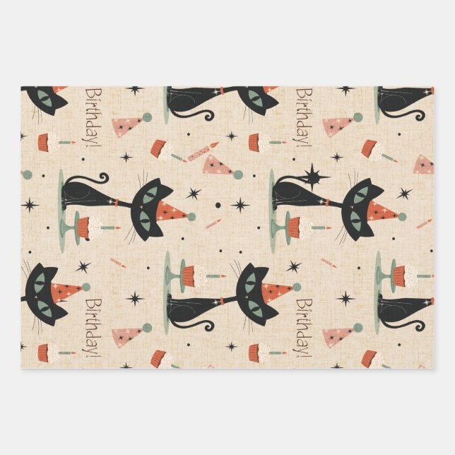     Mid-Century Atomic Cat Birthday Pattern  Wrapping Paper Sheet (Front)