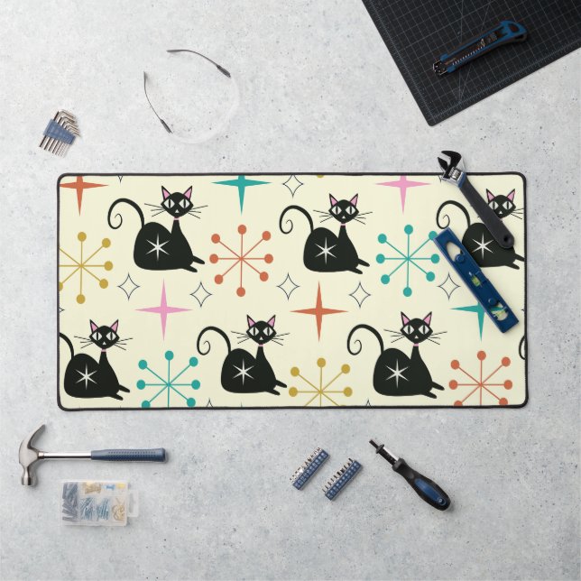 Mid Century Atomic Cat with Starbursts  Desk Mat (Workstation)