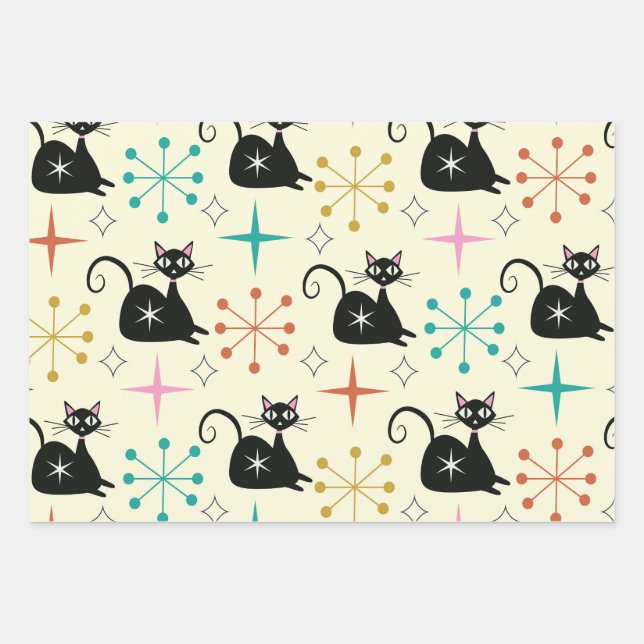 Mid Century Atomic Cat with Starbursts  Wrapping Paper Sheet (Front)