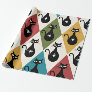 Mid Century Atomic cats on Harlequin diamonds Wrapping Paper
