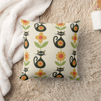 Mid Century Atomic Cats with Retro Orange flowers  Cushion