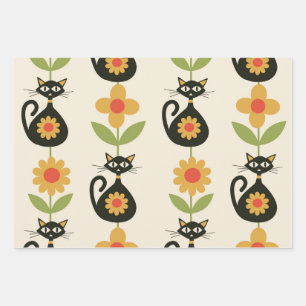 Mid Century Atomic Cats with Retro Orange flowers  Wrapping Paper Sheet
