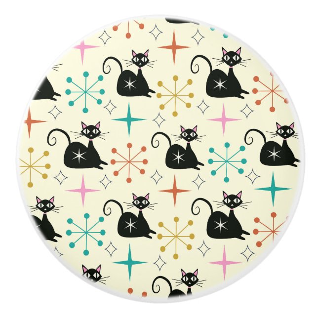Mid Century Atomic Cats with Starbursts  Ceramic Knob (Front)
