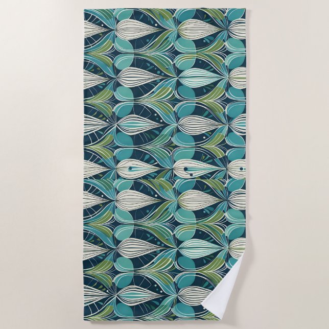 Mid Century Atomic Drops Blue Green Pattern Beach Towel (Front)