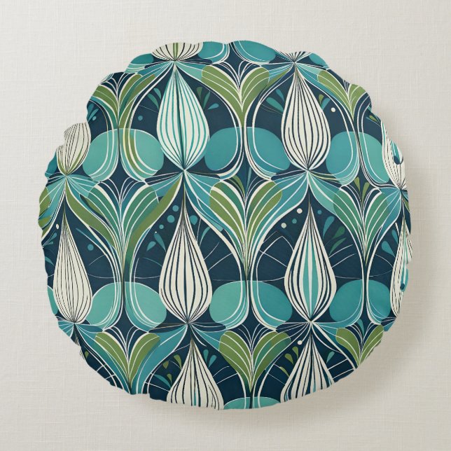 Mid Century Atomic Drops Blue Green Pattern Round Cushion (Front)