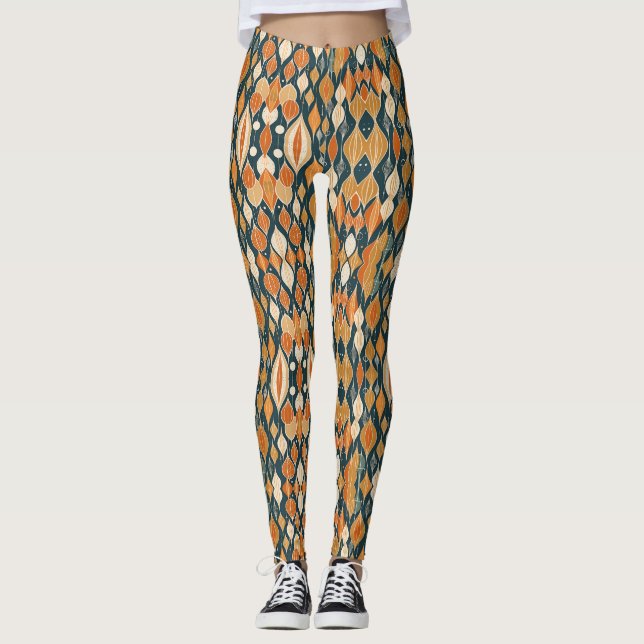 Mid Century Atomic Drops Ochre  Modern Retro  Leggings (Front)