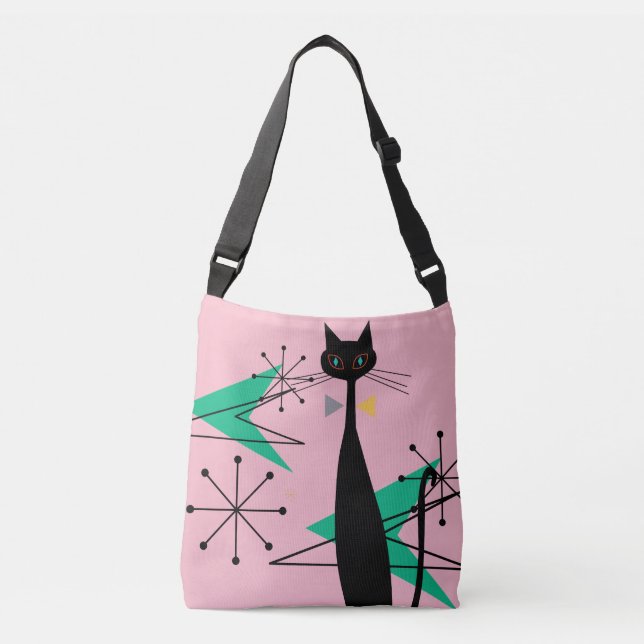 Mid Century Atomic Era Cat Starburst on Pink Crossbody Bag (Front)