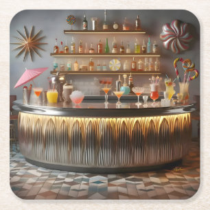 Mid Century Atomic Futuristic Party Bar Square Paper Coaster