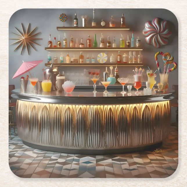 Mid Century Atomic Futuristic Party Bar Square Paper Coaster (Front)