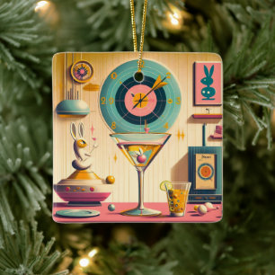 Mid Century Atomic Futuristic Rabbit Martini Ceramic Ornament