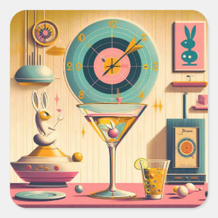 Mid Century Atomic Futuristic Rabbit Martini Square Sticker