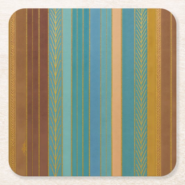 Mid Century Atomic Futuristic Stripes Print Square Paper Coaster (Front)