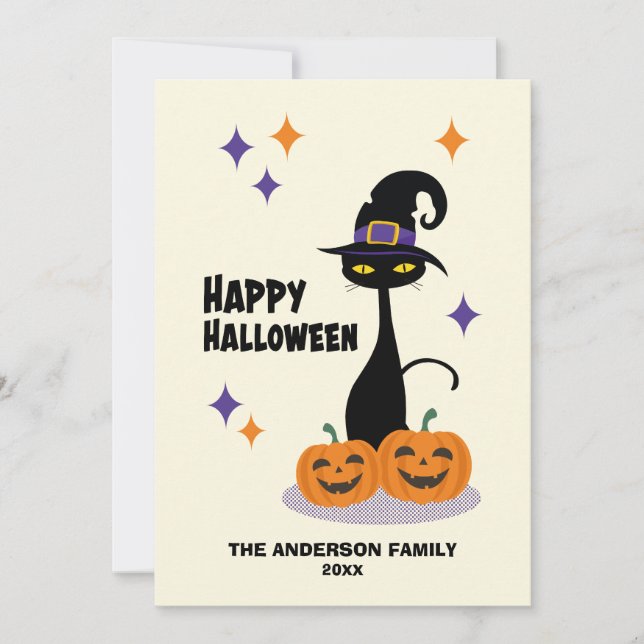 Mid-Century Atomic Halloween Cat Holiday Card (Front)
