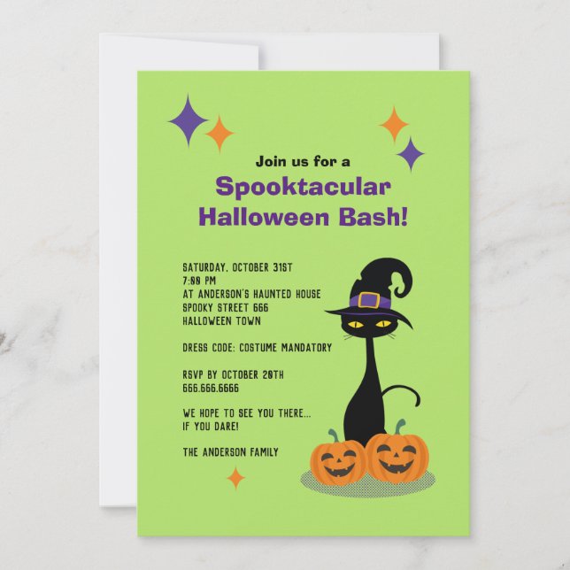 Mid-Century Atomic Halloween Cat Invitation (Front)