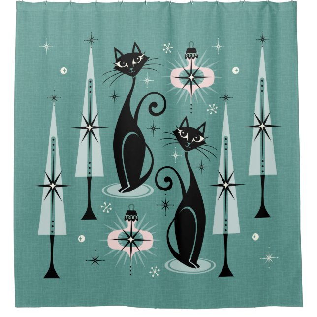 Mid Century Atomic Kitty Christmas ©studioxtine Shower Curtain (Front)