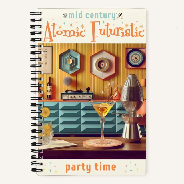 Mid Century Atomic Retro Futuristic Party Room Notebook (Front)