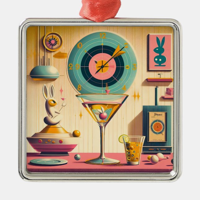 Mid Century Atomic Retro Futuristic Rabbit Martini Metal Tree Decoration (Front)