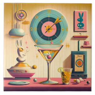 Mid Century Atomic Retro Futuristic Rabbit Martini Tile