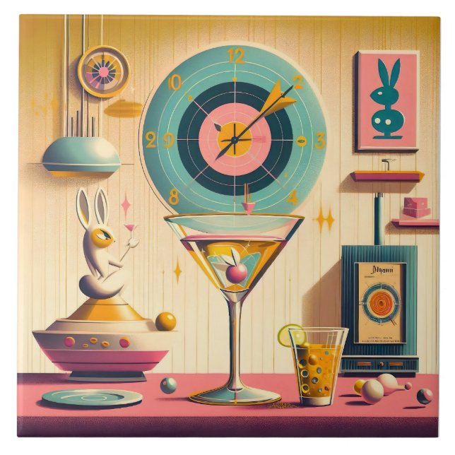 Mid Century Atomic Retro Futuristic Rabbit Martini Tile (Front)