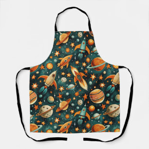 Mid Century Atomic Space Orange Teal Planet Apron