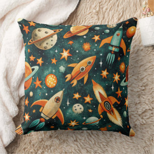 Mid Century Atomic Space Orange Teal Planet Cushion