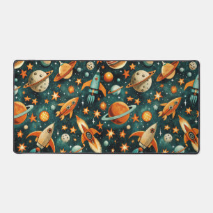 Mid Century Atomic Space Orange Teal Planet Desk Mat