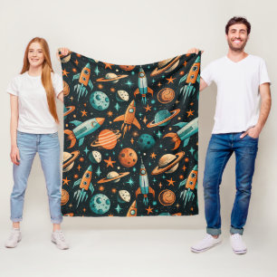 Mid Century Atomic Space Orange Teal Planet Fleece Blanket