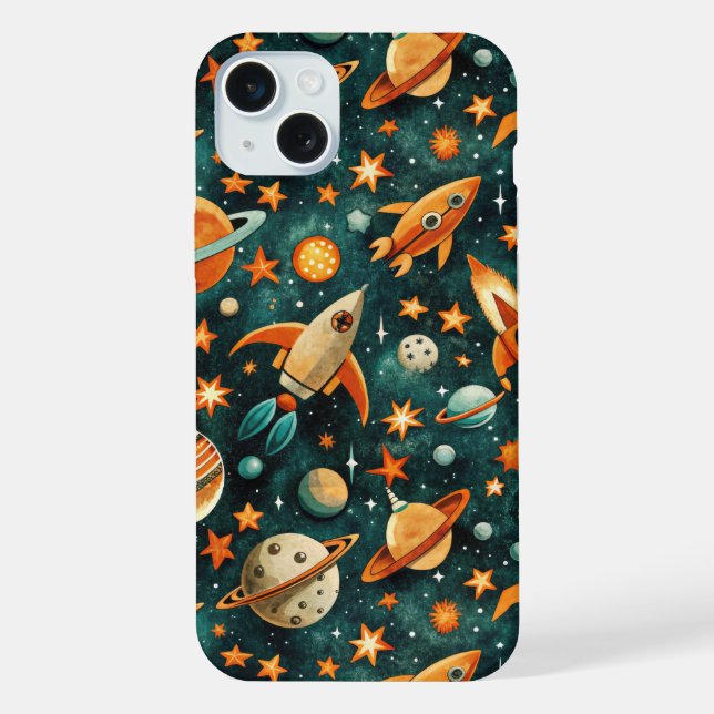 Mid Century Atomic Space Orange Teal Planet iPhone Case (Back)