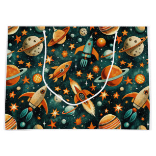 Mid Century Atomic Space Orange Teal Planet Large Gift Bag