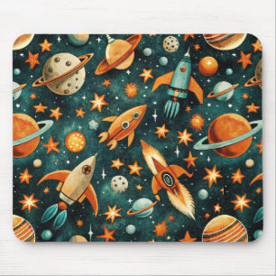 Mid Century Atomic Space Orange Teal Planet Mouse Mat
