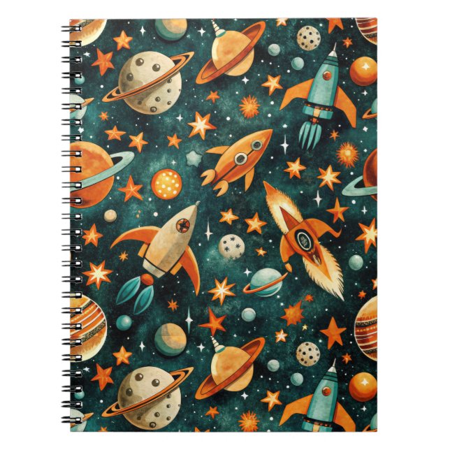 Mid Century Atomic Space Orange Teal Planet Notebook (Front)