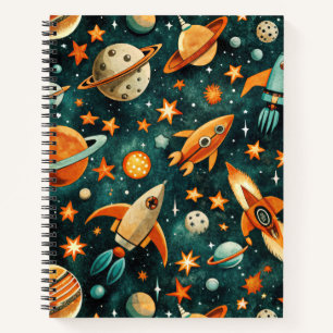 Mid Century Atomic Space Orange Teal Planet Notebook