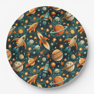 Mid Century Atomic Space Orange Teal Planet Paper Plate