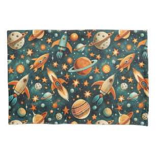 Mid Century Atomic Space Orange Teal Planet Pillowcase