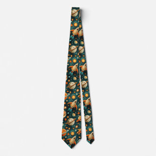 Mid Century Atomic Space Orange Teal Planet Tie