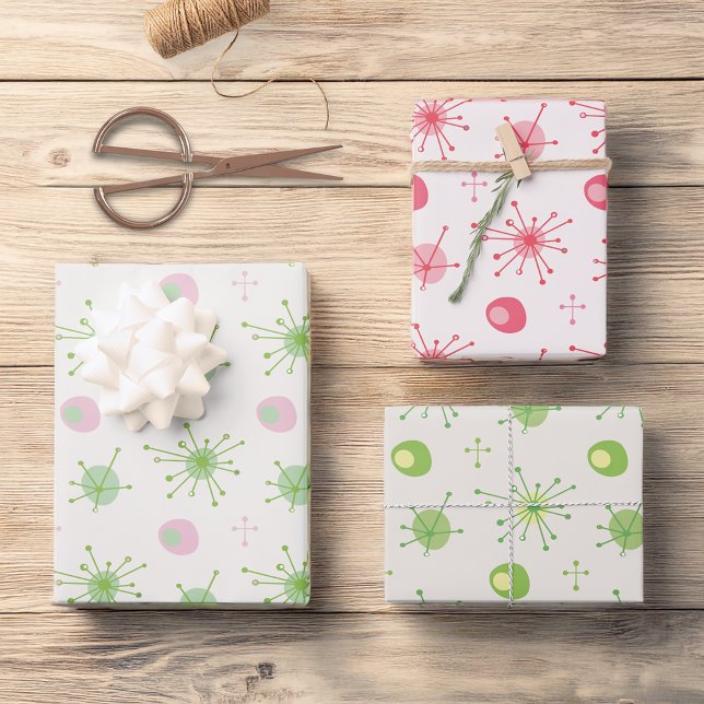 Mid Century Atomic Starburst Pattern Pink, Green Wrapping Paper Sheet (Creator Uploaded)
