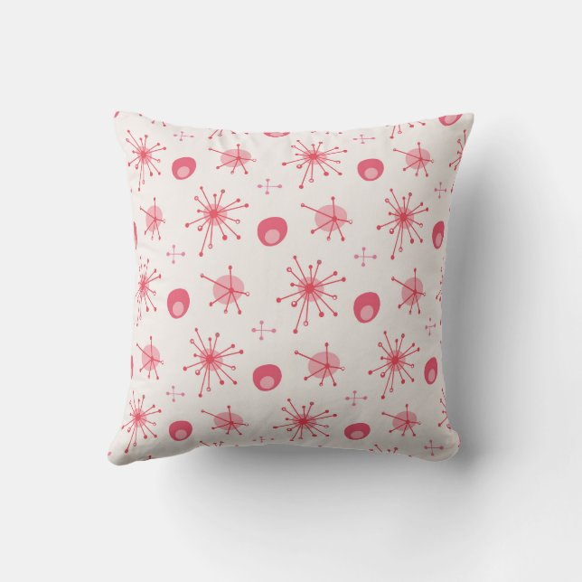 Mid Century Atomic Starburst Pattern Pink, Red Cushion (Back)