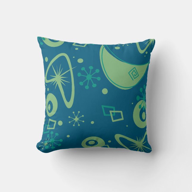 Mid Century Atomic Starburst Retro Blue Green Cushion (Front)