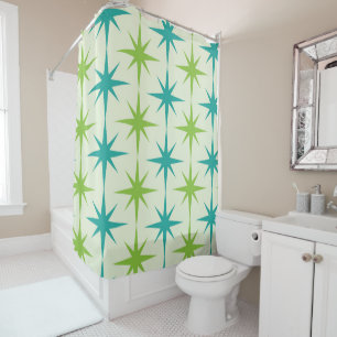 Mid Century Atomic Starbursts Green and Teal Shower Curtain